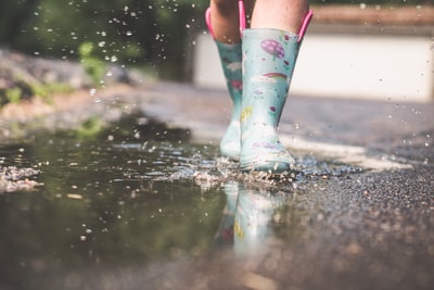 Wearing rubber boots to walk the streets with water
